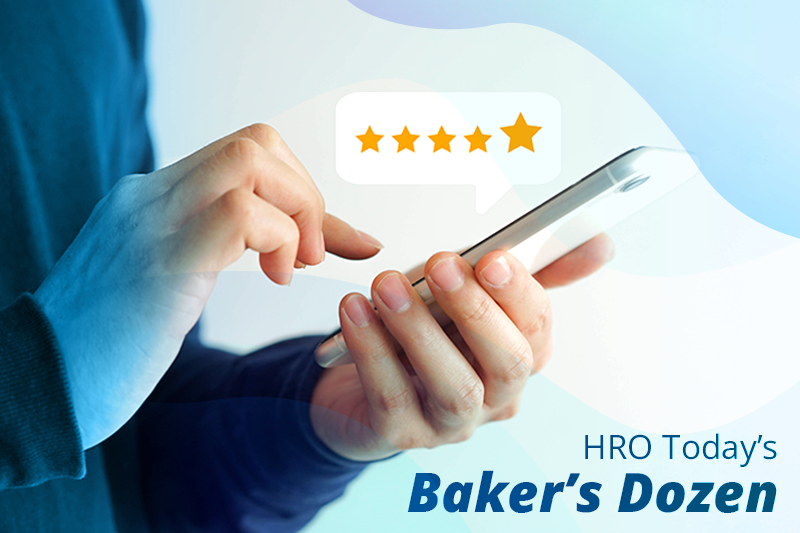 5 Star Rating Over Two Hands On A Mobile Phone With Text "HRO Today's Baker's Dozen"