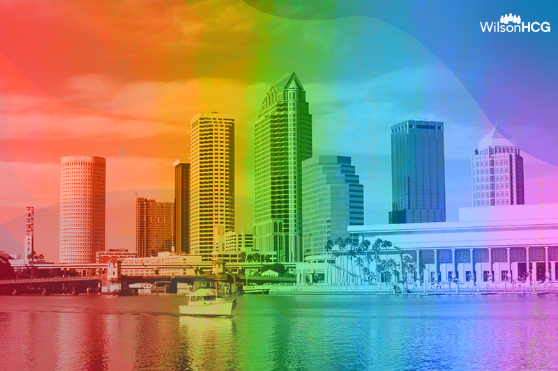 Tampa skyline with a  rainbow gradient overlay