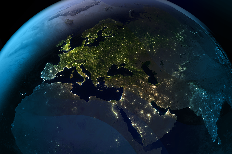 Aerial view zoomed into Europe 