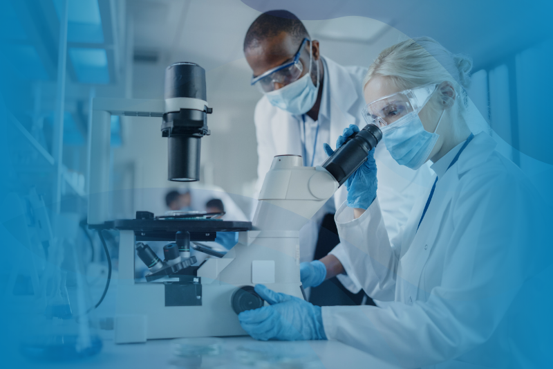 Two biotech scientists using a microscope.