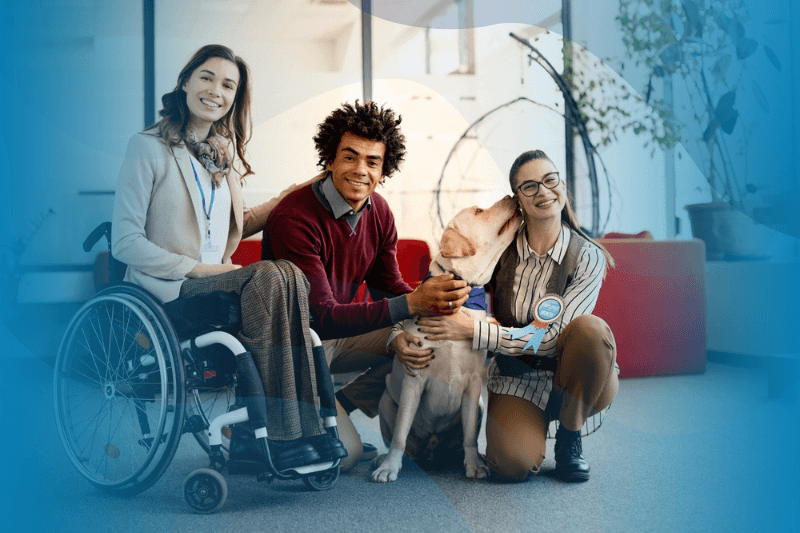 Multiracial team of neurodivergent businesspeople with assistance dog.