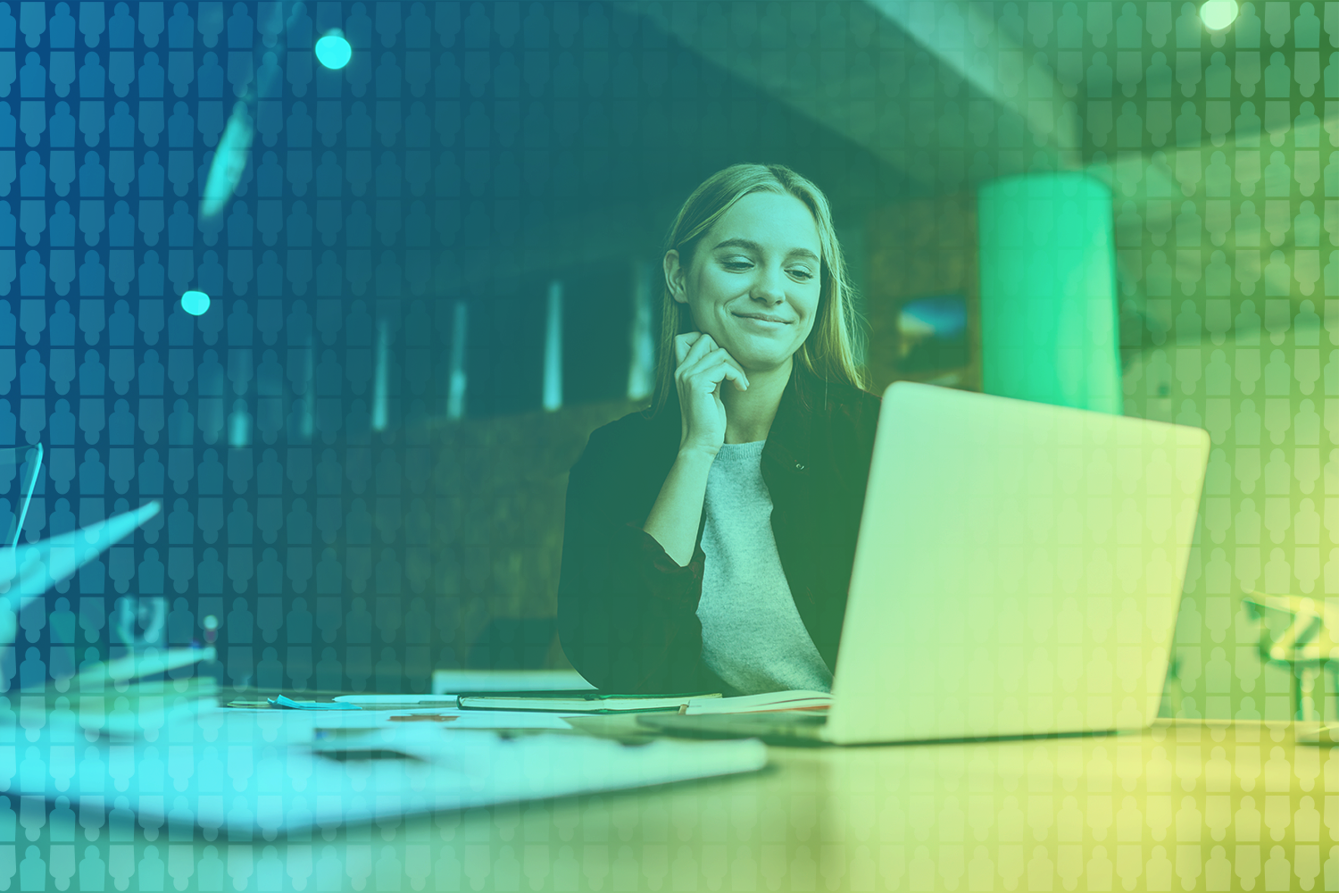 color-treated photo of young woman attending virtual online webinar