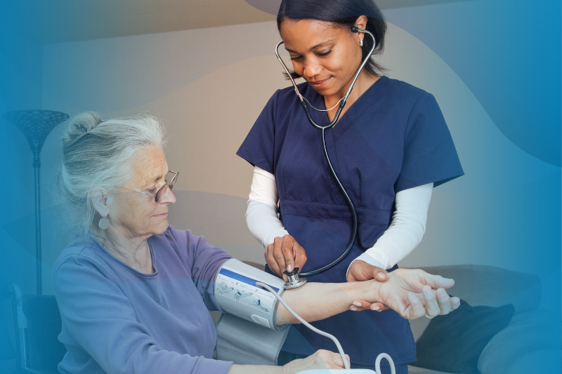 Woman nurse taking blood pressure of older woman sitting down