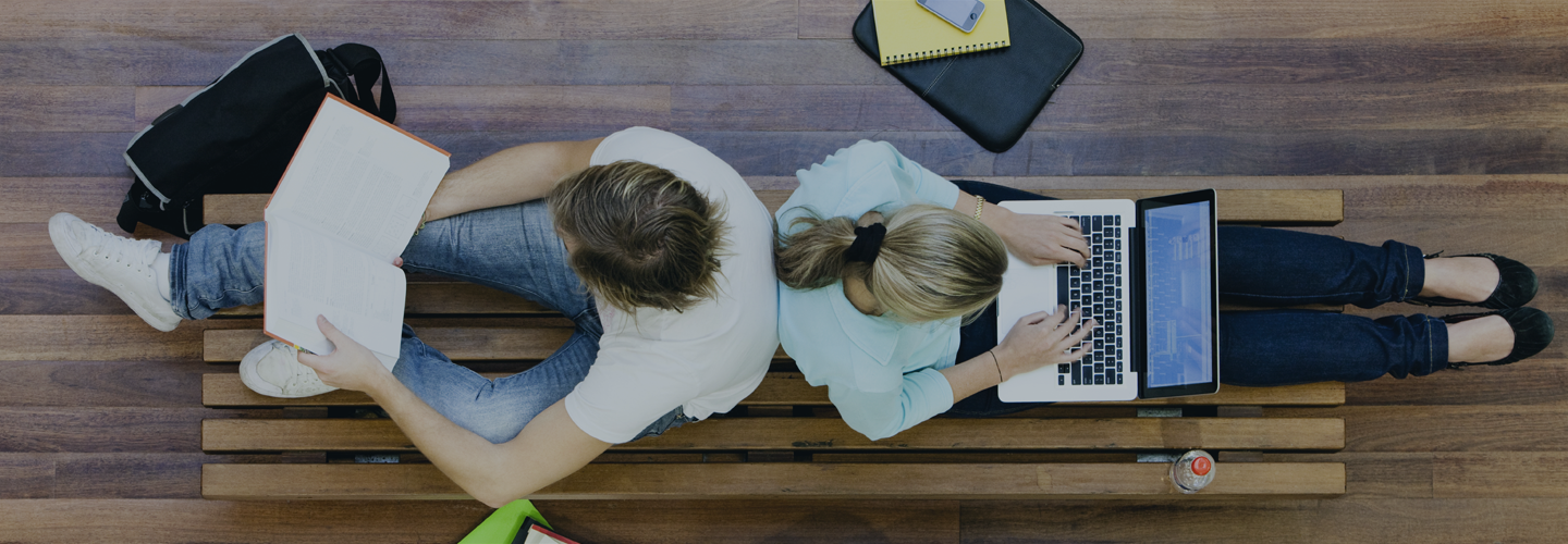 Two people back to back working from an aerial view