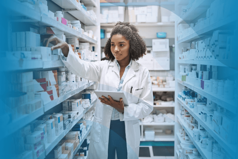 Woman pharmacist gathering meds for a customer